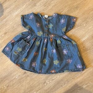 NWOT - NEXT Blue Denim Dress with Color Printed Flowers & Pockets Usable Buttons